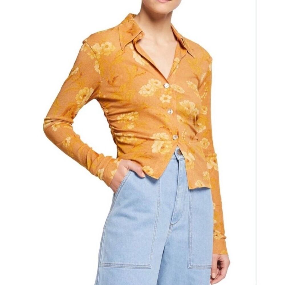 Nanushka Floral Button-Up Blouse in Mustard and Cream - Picture 3 of 8